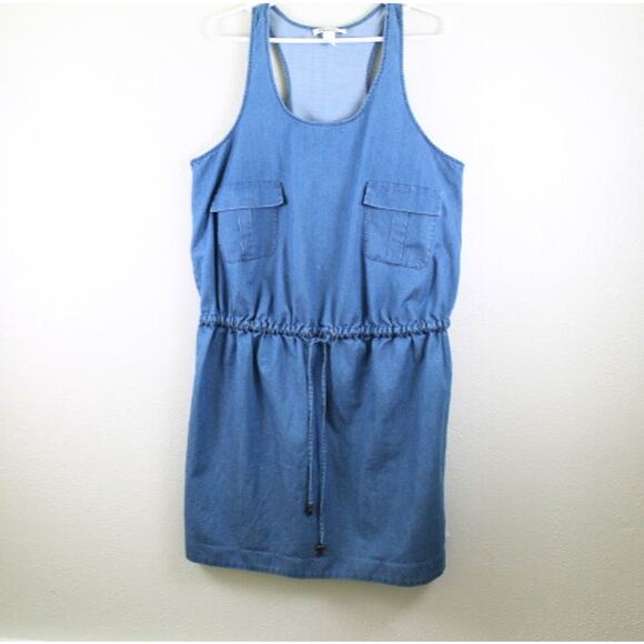 Kenneth Cole Mini Denim Jean Overall Dress Sz Large Racer Back Drawstring Waist - Picture 1 of 7